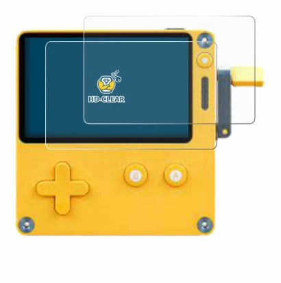 Image of the device Panic Playdate with a wide variety of screen protectors.