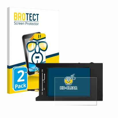 Front side of a product packaging with the brand logo BROTECT. Next to it is the device NanoVNA H4 shown with the correspondin