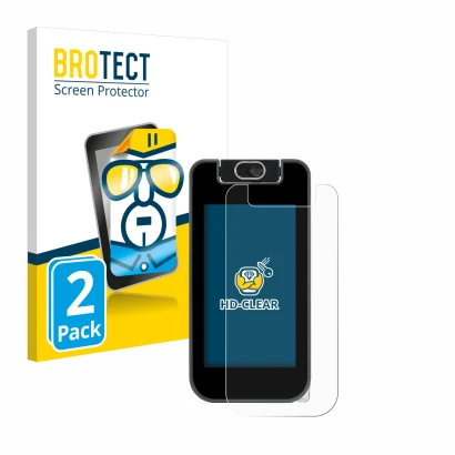 Front side of a product packaging with the brand logo BROTECT. Next to it is the device Vtech KidiBuzz 3 shown with the corres