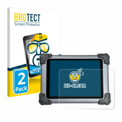 Front side of a product packaging with the brand logo BROTECT. Next to it is the device Autel MaxiSys MS908S shown with the co