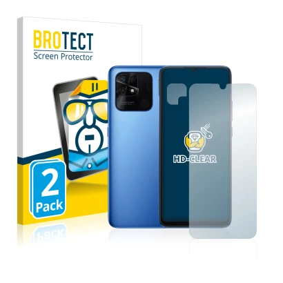 Front side of a product packaging with the brand logo BROTECT. Next to it is the device Xiaomi Redmi 10C (Front+Camera) shown 