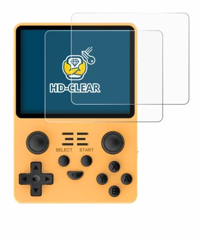 Image of the device Powkiddy RGB20S with a wide variety of screen protectors.