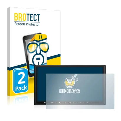 Front side of a product packaging with the brand logo BROTECT. Next to it is the device Alpine iLX-W690D shown with the corres