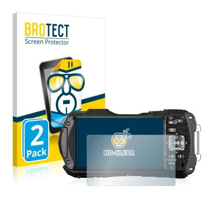 Front side of a product packaging with the brand logo BROTECT. Next to it is the device Ricoh WG-80 shown with the correspondi