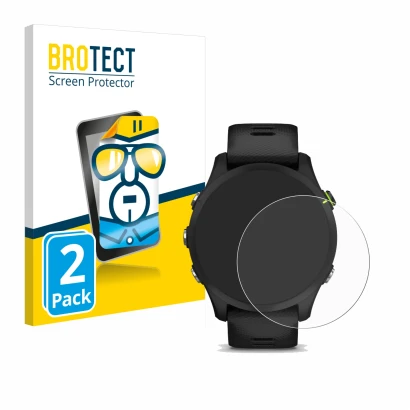 Front side of a product packaging with the brand logo BROTECT. Next to it is the device Garmin Forerunner 255 shown with the c