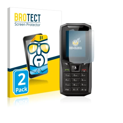 Front side of a product packaging with the brand logo BROTECT. Next to it is the device Crosscall Core-S4 shown with the corre