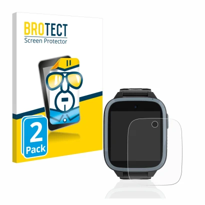 Front side of a product packaging with the brand logo BROTECT. Next to it is the device Xplora XGO3 (1st Gen.) shown with the 
