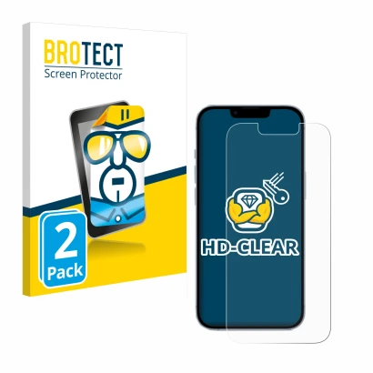 Front side of a product packaging with the brand logo BROTECT. Next to it is the device Apple iPhone 14 shown with the corresp