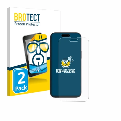 Front side of a product packaging with the brand logo BROTECT. Next to it is the device Apple iPhone 14 Pro Max shown with the