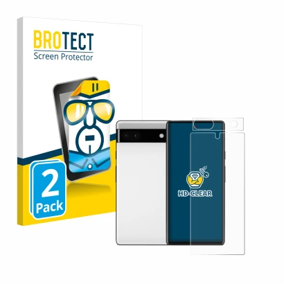 Front side of a product packaging with the brand logo BROTECT. Next to it is the device Google Pixel 6a (Front+Camera) shown w