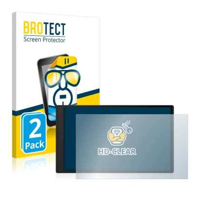 Front side of a product packaging with the brand logo BROTECT. Next to it is the device Garmin DriveSmart 76 shown with the co