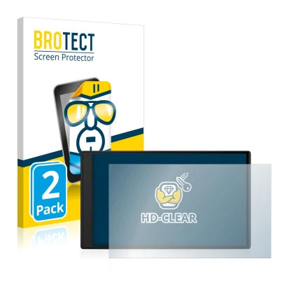 Front side of a product packaging with the brand logo BROTECT. Next to it is the device Garmin Camper 795 shown with the corre