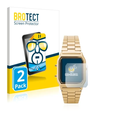 Front side of a product packaging with the brand logo BROTECT. Next to it is the device Casio AQ-230GA shown with the correspo