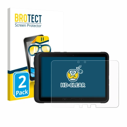 Front side of a product packaging with the brand logo BROTECT. Next to it is the device Samsung Galaxy Tab Active 4 Pro shown 
