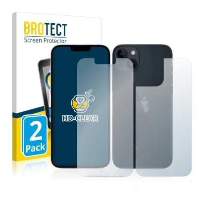 Front side of a product packaging with the brand logo BROTECT. Next to it is the device Apple iPhone 14 (Front+Back) shown wit