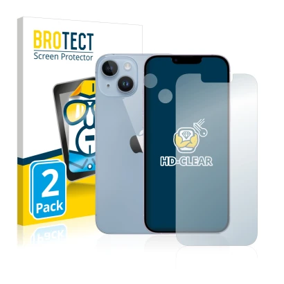 Front side of a product packaging with the brand logo BROTECT. Next to it is the device Apple iPhone 14 (Front+Camera) shown w
