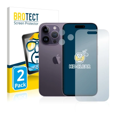 Front side of a product packaging with the brand logo BROTECT. Next to it is the device Apple iPhone 14 Pro (Front+Camera) sho