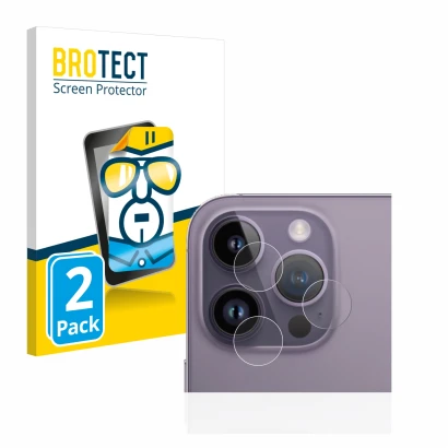 Front side of a product packaging with the brand logo BROTECT. Next to it is the device Apple iPhone 14 Pro Max (ONLY Camera L