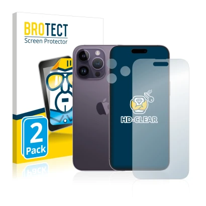 Front side of a product packaging with the brand logo BROTECT. Next to it is the device Apple iPhone 14 Pro Max (Front+Camera)