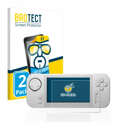 Front side of a product packaging with the brand logo BROTECT. Next to it is the device Evercade EXP shown with the correspond