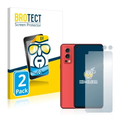 Front side of a product packaging with the brand logo BROTECT. Next to it is the device OnePlus Nord 2 5G (Front+Camera) shown