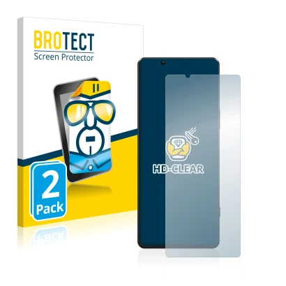 Front side of a product packaging with the brand logo BROTECT. Next to it is the device Sony Xperia 5 IV shown with the corres