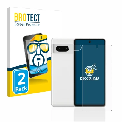 Front side of a product packaging with the brand logo BROTECT. Next to it is the device Google Pixel 7 (Front+Camera) shown wi