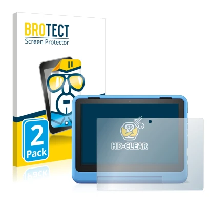 Front side of a product packaging with the brand logo BROTECT. Next to it is the device Amazon Fire HD 8 Kids Pro 2022 shown w