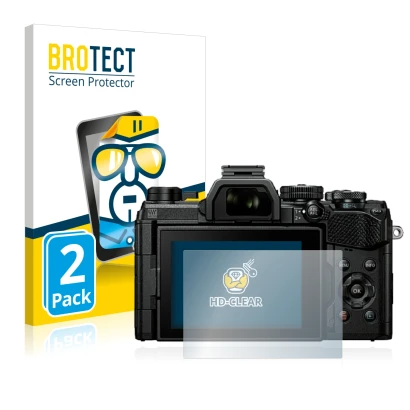 Front side of a product packaging with the brand logo BROTECT. Next to it is the device Olympus OM System OM-5 shown with the