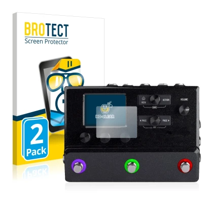 Front side of a product packaging with the brand logo BROTECT. Next to it is the device Line 6 hx stomp shown with the corresp