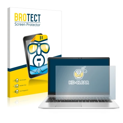 Front side of a product packaging with the brand logo BROTECT. Next to it is the device HP EliteBook 650 G9 shown with the cor