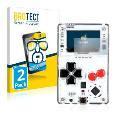 Front side of a product packaging with the brand logo BROTECT. Next to it is the device Arduboy FX shown with the correspondin