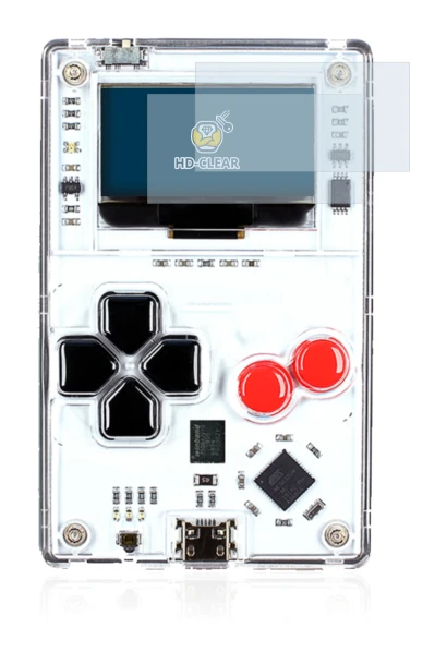 Image of the device Arduboy FX with a wide variety of screen protectors.