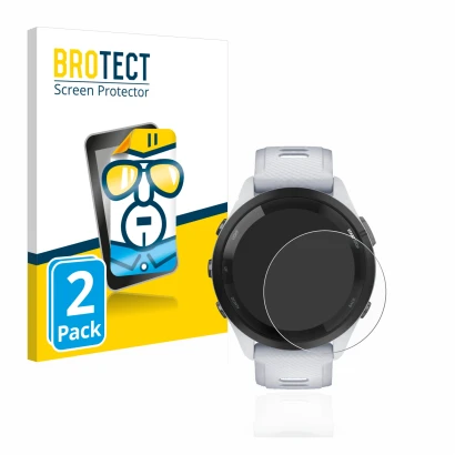 Front side of a product packaging with the brand logo BROTECT. Next to it is the device Garmin Forerunner 265 (46 mm) shown wi