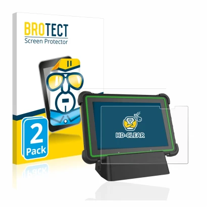 Front side of a product packaging with the brand logo BROTECT. Next to it is the device Hella Gutmann Mega Macs X (tablet) sho