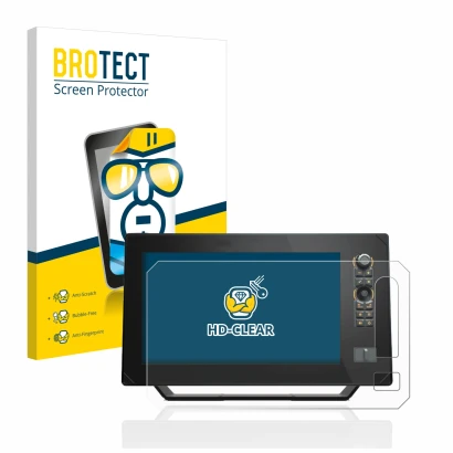 Front side of a product packaging with the brand logo BROTECT. Next to it is the device Humminbird Apex 13 MEGA SI+ shown with