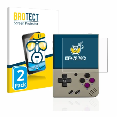 Front side of a product packaging with the brand logo BROTECT. Next to it is the device Miyoo Mini Plus shown with the corresp