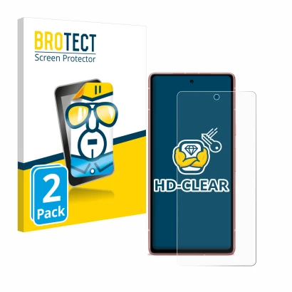 Front side of a product packaging with the brand logo BROTECT. Next to it is the device Google Pixel 7a shown with the corresp