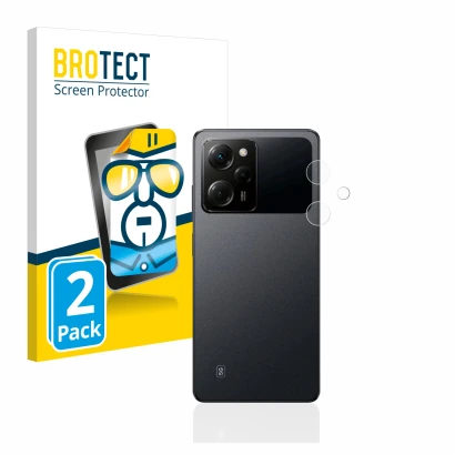 Front side of a product packaging with the brand logo BROTECT. Next to it is the device Xiaomi Poco X5 Pro (ONLY Camera Lens) 