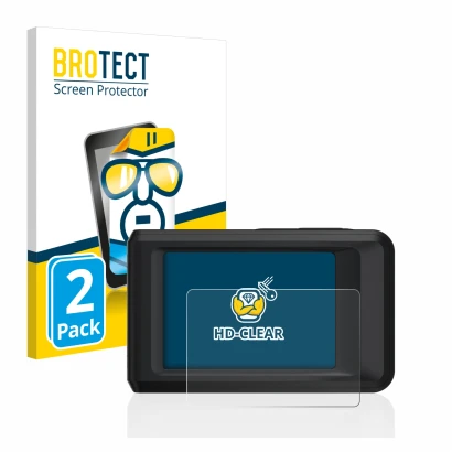 Front side of a product packaging with the brand logo BROTECT. Next to it is the device Hikmicro Pocket 2 shown with the corre