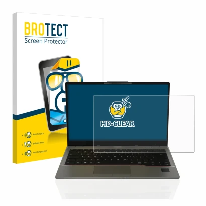 Front side of a product packaging with the brand logo BROTECT. Next to it is the device Fujitsu Lifebook U7412 shown with the 