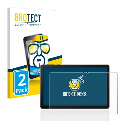 Front side of a product packaging with the brand logo BROTECT. Next to it is the device Acer Iconia Tab P10 shown with the cor