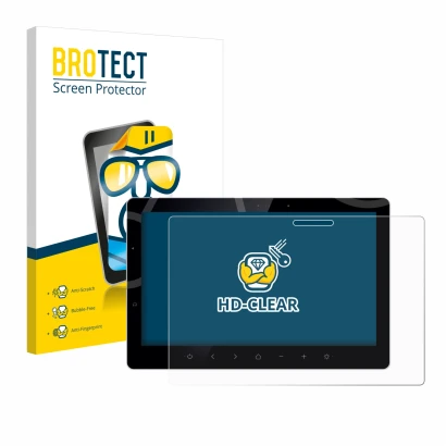 Front side of a product packaging with the brand logo BROTECT. Next to it is the device Bewatec .Tablet SF 13" shown with the