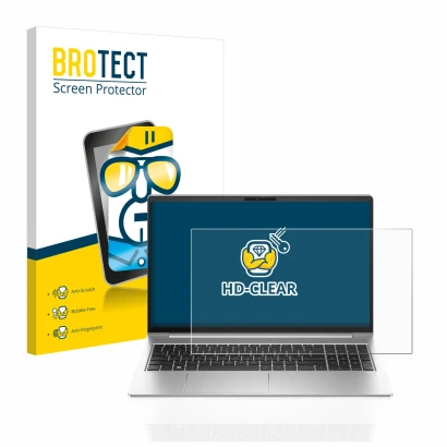 Front side of a product packaging with the brand logo BROTECT. Next to it is the device HP ProBook 450 G10 shown with the corr