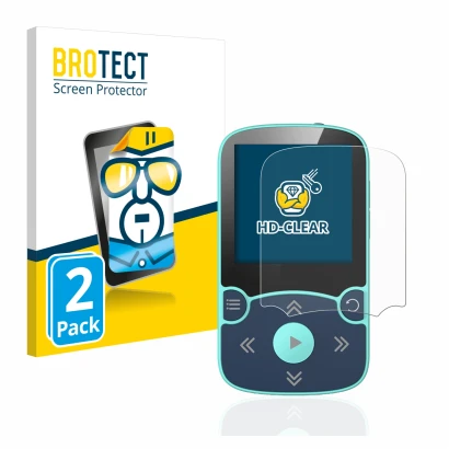 Front side of a product packaging with the brand logo BROTECT. Next to it is the device AGPtek A65X MP3 Player with clip shown