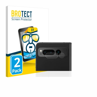 Front side of a product packaging with the brand logo BROTECT. Next to it is the device Google Pixel Fold (ONLY Camera Lens) s