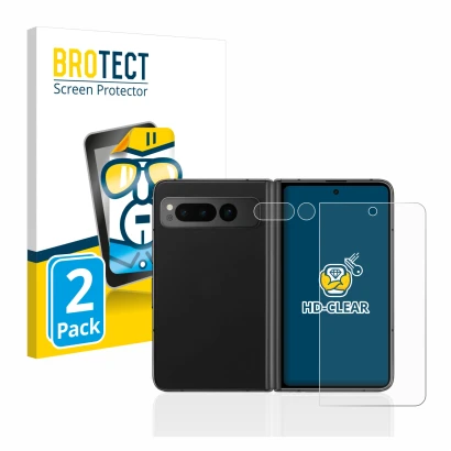 Front side of a product packaging with the brand logo BROTECT. Next to it is the device Google Pixel Fold (Front+Camera) shown