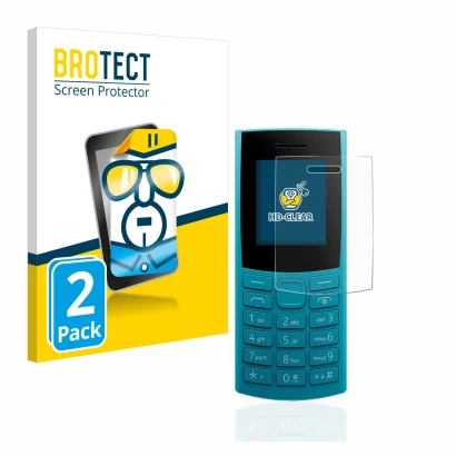 Front side of a product packaging with the brand logo BROTECT. Next to it is the device Nokia 105 4G (2023) shown with the cor