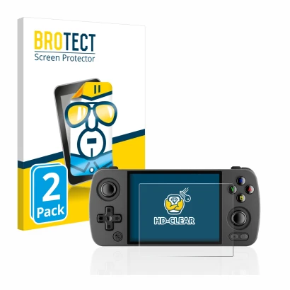 Front side of a product packaging with the brand logo BROTECT. Next to it is the device Anbernic RG405M shown with the corresp