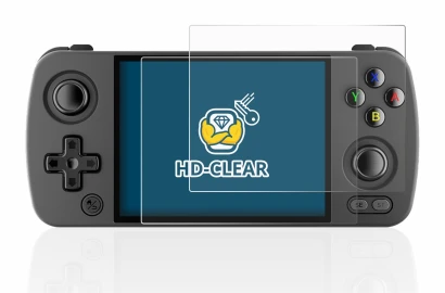 Image of the device Anbernic RG405M with a wide variety of screen protectors.